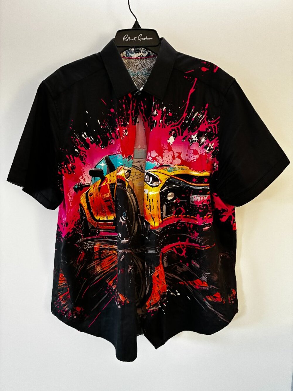 Robert Graham SPLASH DRIFTER Short-Sleeve with Pink & Yellow Sports Car Graphic